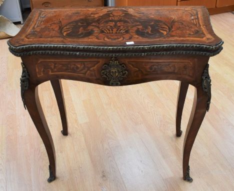 Rococo style reproduction card table, opening to reveal green leather playing surface, on cabriole legs with ormolu detail, 8