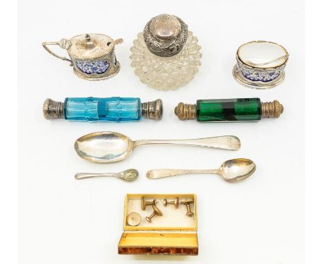 A collection of silver to include: a George V silver mounted mustard pot and cover with matching salt, Art Nouveau style silv