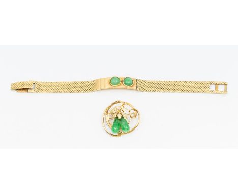 A collection of jade set 14ct gold jewellery to include a two stone jade bracelet, width approx 9mm, woven link strap, length