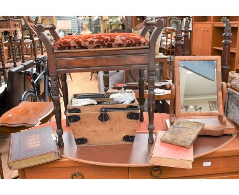A collectors lot to include; wooden and fabric piano stool, a Vienna wall clock with horse motif to top, a shoe shine box, a 