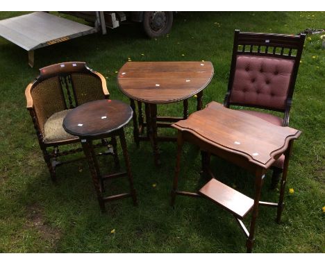 A collection of furniture to include; drop leaf table with oval gate leg, pink fabric chair, barley twist occasional table, b