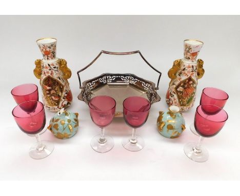 A pair of late 19th Century Crown Derby vases, a pair of Davenport Posy vases, ruby glass and plated fruit bowl