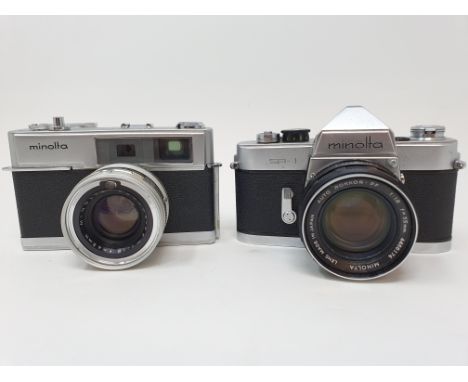 A Minolta SR-1 camera, serial number 1127521, with leather outer case, and a Minolta HI-Matic 7 camera, with leather outer ca