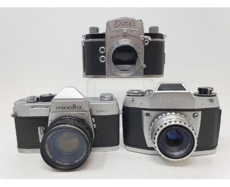 An Exa Thagee camera, lacking lens, an Exa 500 camera, and a Minolta SR - 1 (3)Provenance: Part of a vast single owner collec