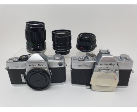 A Minolta SR-7 camera, a Minolta SRT100, three lenses, other items, and a camera boxProvenance:  Part of a vast single owner 