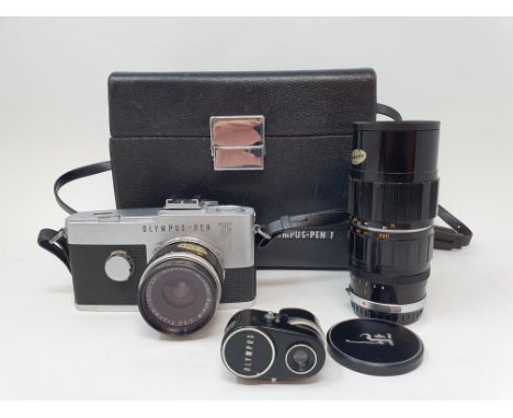 An Olympus-Pen camera, serial number 129968, with extra lens and accessories, in a leather carrying caseProvenance: Part of a