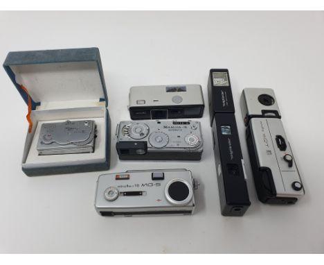 A Mamiya Super 16 Spy camera, in original box, a Minolta-16 camera, a Voigtlander Vitoret 110 camera, a Minolta 16MG.S, a Min