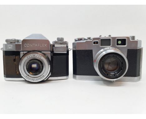 An Aires 35-III camera,  serial number 605810, with leather outer case, and a Zeiss Ikon Contaflex camera, with leather outer