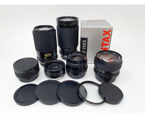 A Chinon camera lens, five other camera lenses, three flashes, various other accessories and a camera bagProvenance: Part of 