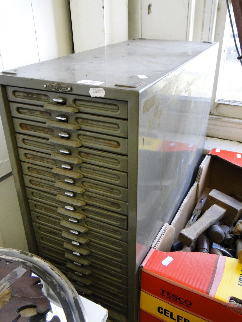 A Vintage metal Kardex index card with 16 fitted drawers.