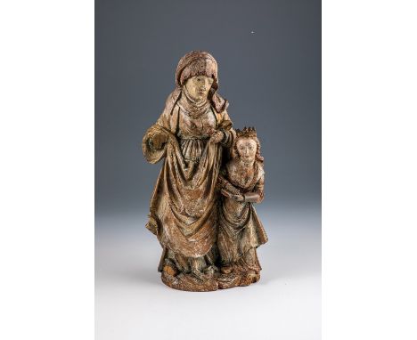 Heilige Anna mit Maria Schwaben, A. 16. Jh. Vollplastisch aus Holz geschnitzt und gefasst. Die heilige Anna in andächtiger Ha
