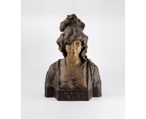 ''Salambo'' Simon (Pseudonym) für  Friedrich Goldscheider, Wien, um 1899 Büste einer jungen Dame mit Hochsteckfrisur und Meda