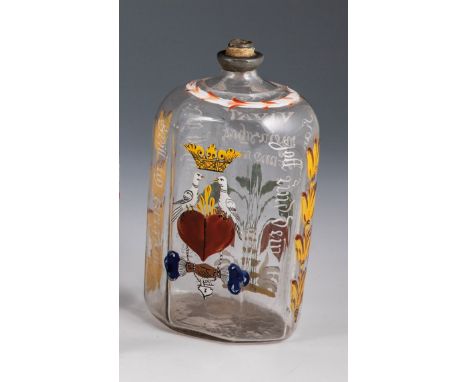 Seltene Schnapsflasche mit Liebesallegorie Deutschland, wohl Schwarzwald, dat. 1746 Farbloses Glas  mit Abriss. Im Querschnit