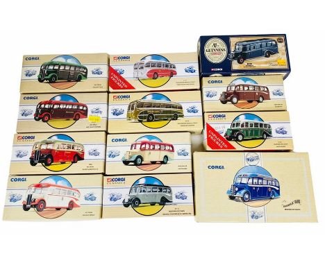 12x Corgi Classics 1:50 Scale Assorted Buses and Coaches - 9x boxed and appear undisturbed in original tissue wrapping, 3x un