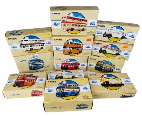 12x Corgi Classics 1:50 Scale Assorted Buses and Coaches - 11x boxed and appear undisturbed in original tissue wrapping, 1x u