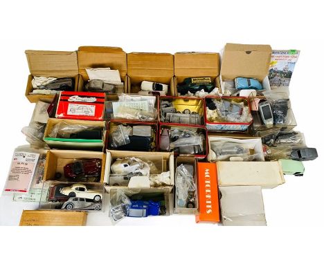 Large Lot of 1:43 Scale White Metal Car / Van Kits - Lot Includes: Mostly unbuilt, or part finished kits. Mixed assortment, i