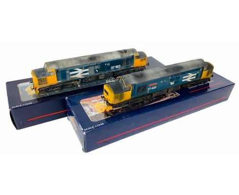 2x Bachmann 'OO' Gauge Class 37 BR Large Logo Livery Locomotives - 37183 with a weathered finish, detailed and both ends and 