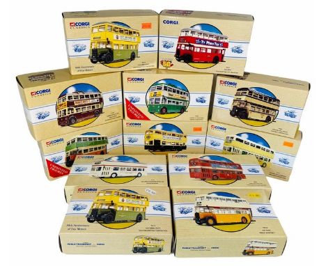 12x Corgi Classics 1:50 Scale Assorted Buses and Coaches - 9x boxed and appear undisturbed in original tissue wrapping, 3x un