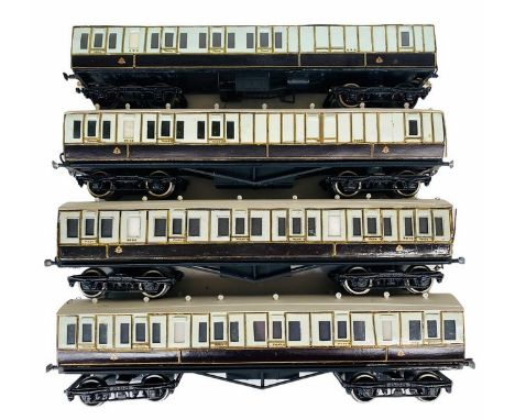 4x Scratch Built 'O' Gauge CR Caledonian Railway Passenger Coaches. Mainly wood construction, fitted with white metal bogies 