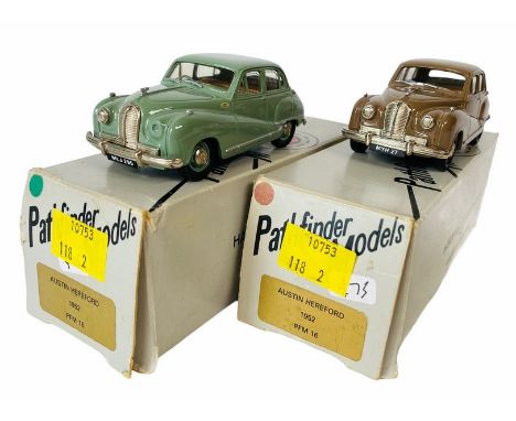 2x Pathfinder Models 1:43 Scale White Metal Model Cars. Lot includes: 2x No. PFM16 Austin Hereford (1952) 1x Green, 1x Brown.