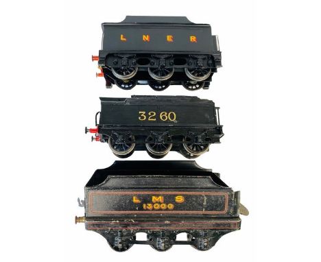 3x O Gauge Tenders - Comprising of 'Bowman' (marked Bowman) Tinplate LMS 13000 Locomotive Tender, LNER Tender, metal construc