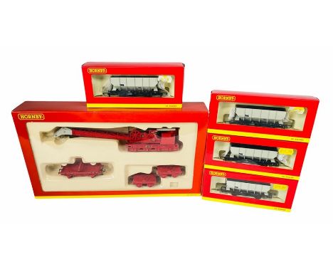 4x Hornby 'OO Gauge' R6564 BR 20 Ton Hopper Wagons E193292 all Boxed, together with a Hornby Dublo Breakdown Crane (repainted