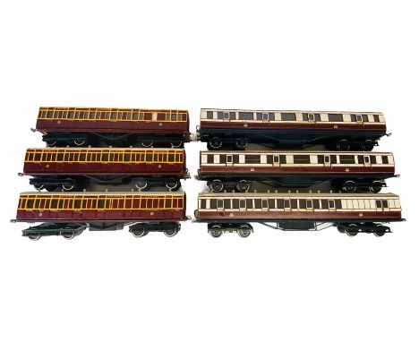 6x 'O' Gauge Coaches. 3x North Eastern Railway, 3x Caledonian Railway. Construction comprises of mostly wood, plastic bogies,