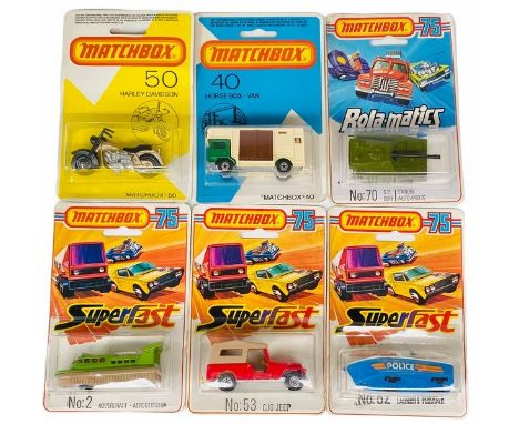 6x Matchbox 'Superfast' 75 Circa 1974 - 1980 Issue Die Cast Vehicles. Including 50 Harley Davidson, No.2 Hovercraft, 40 Horse