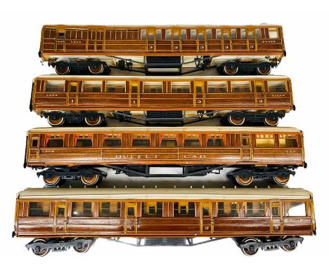 4x Kit Built 'O' Gauge LNER Teak Passenger Coaches. Features wooden detail bodies, sprung and chain link couplings, interior 