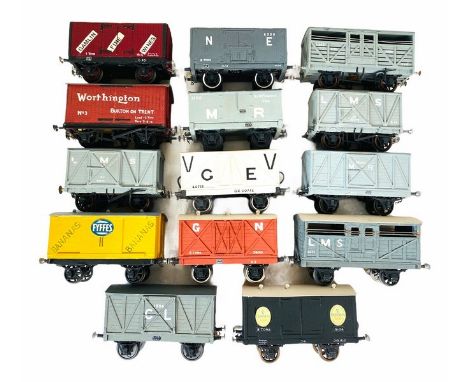 14x Assorted 'O' Gauge Freight Wagons in Various Liveries. Mostly consisting of box vans and cattle van wagons.&nbsp;