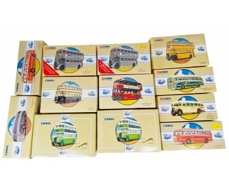 12x Corgi Classics 1:50 Scale Assorted Buses and Coaches - 101x boxed and appear undisturbed in original tissue wrapping, 2x 