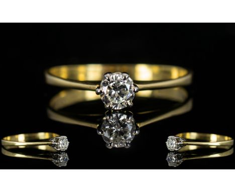 18ct Gold and Platinum Single Stone Diamond Set Dress Ring - Good Sparkle. The Round Brilliant Cut Diamond of Top Grade, Est 