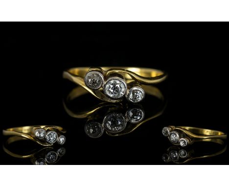 18ct Gold 3 Stone Diamond Ring, The Pave Set Diamonds of Good Sparkle, The Interior of Shank Marked 18ct. Ring Size - N. Plea