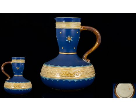 Small German Mettlach Villeroy &amp; Boch  Ewer, Blue Ground, Star &amp; Dot Decoration, Marked To Base, Height 5¼ Inches