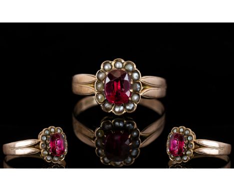 Antique Period 9ct Rose Gold Stone Set Cluster Ring, The Central Pink / Red Coloured Stone, Surrounded by Seed Pearls. Hallma