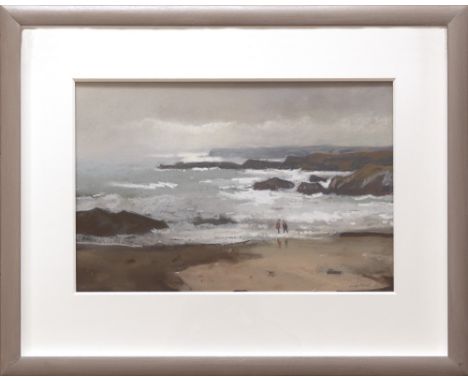 GARETH THOMAS pastel - two figures on Anglesey beach with coastline, entitled verso 'Light Breaking through Trearddur Bay', s