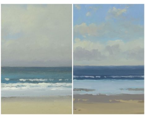 GARETH THOMAS oil on board - two studies of seascape, signed, unframed, 25.4, 13.1cms (other very slightly smaller)