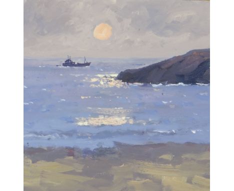 GARETH THOMAS oil on board - seascape sunset with boat, unsigned, unframed, 20.5 x 20.5cms