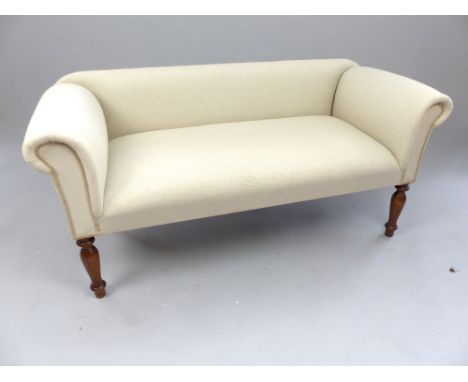 Contemporary window seat, roll arms and padded back, baluster legs, neutral upholstery, 135cm w