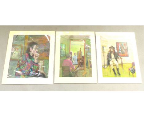 Barking, British, 20th/21st C, three studies, art school, pensive portrait and another of a woman in a spotlight, pastel, sig