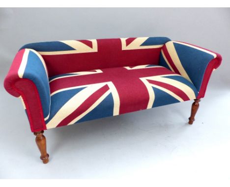 Contemporary Union Jack flag twin seat window hall bench, baluster feet, 134cm w