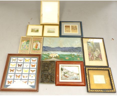 A mixed selection of various framed collectables comprising, silver jubilee 1935 lithophane portrait, a textile, picture, cig