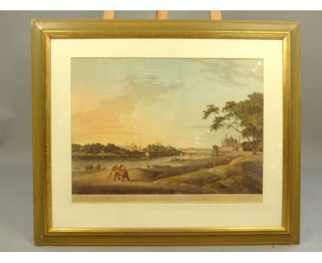 Thomas and William Daniell, a panoramic coloured lithograph "Lucnow taken from the opposite banks at the river River Groomty"