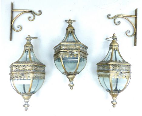 Trio of Italian design gilded candle lanterns, hexagonal, scroll arm wall brackets, 46.5cm h (wall bracket 30.5cm h) (3)