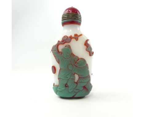 Chinese milk glass snuff bottle of Peking style, studies of birds, bats, geese and children playing and signature block, 7.8c