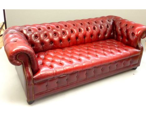 Red leather Chesterfield sofa button back arms and seat bun feet 195 cm w