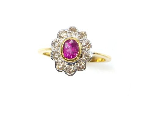 18ct yellow gold, diamond and ruby floral cluster ring