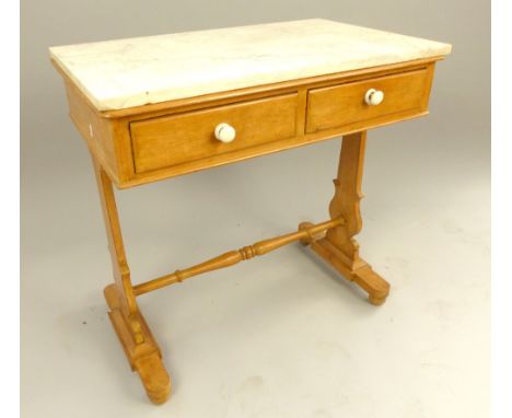 Pine writing desk, white marble top, two drawers with ceramic handles, vase supports and turned stretcher, c 1900, 79 x 79cm