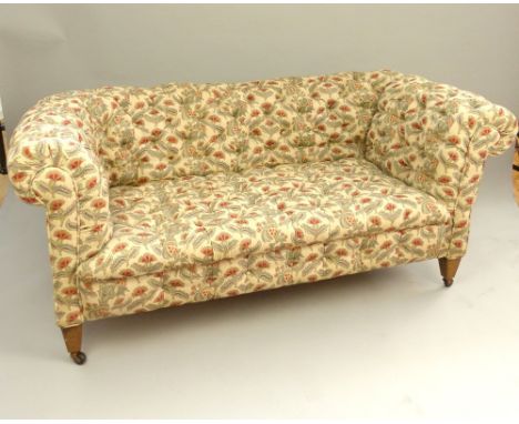 Chesterfield sofa, double seat, buttonback roll arms, tapering box legs, c 1900, later thistle upholstery, 170cm w