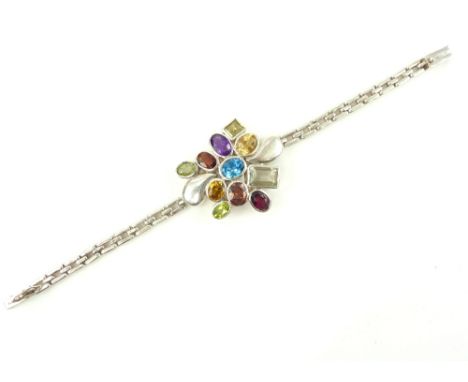 Multi-colour gem set bracelet, stones including blue topaz and amethyst, set in white metal stamped 925, 22.5g